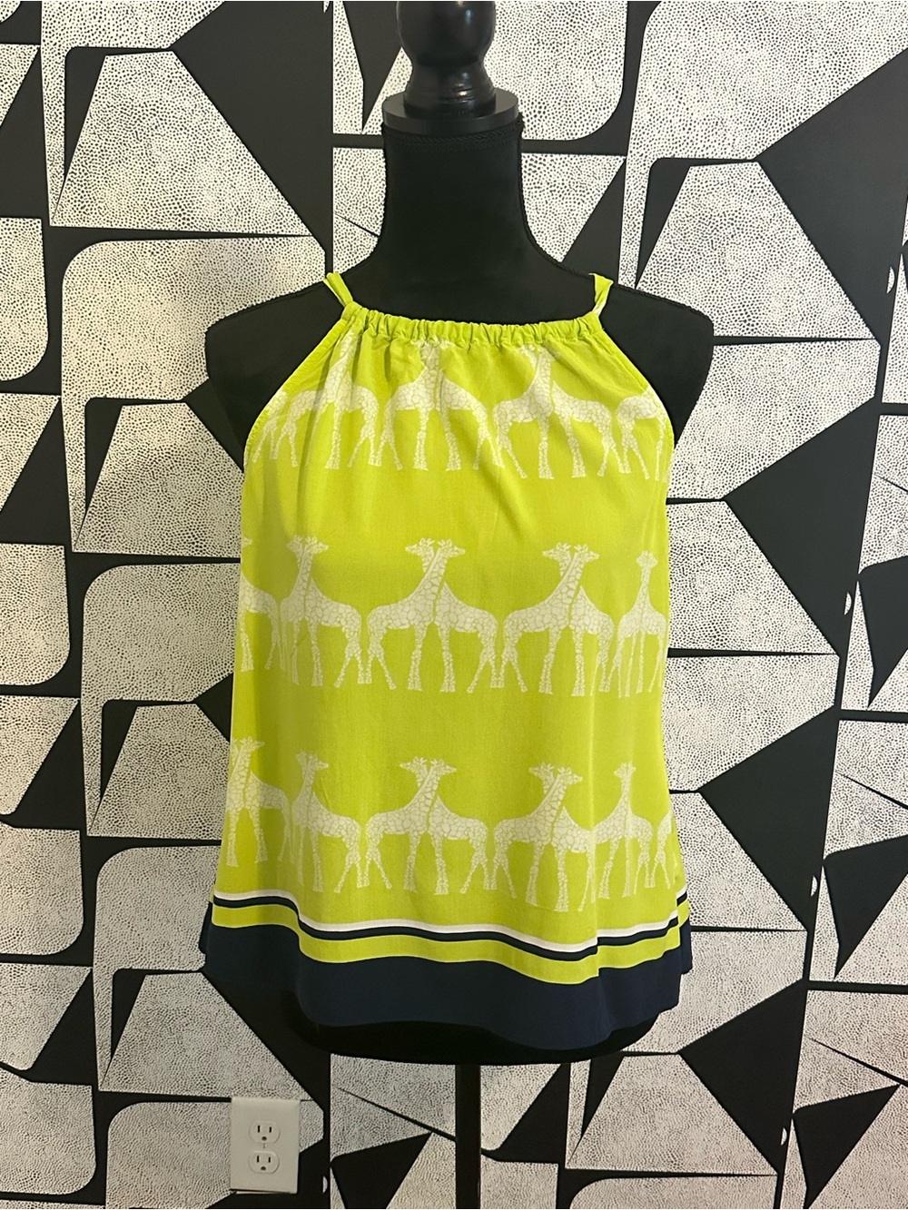 crown & ivy Lime Giraffe Print Halter Camisole with Navy Trim